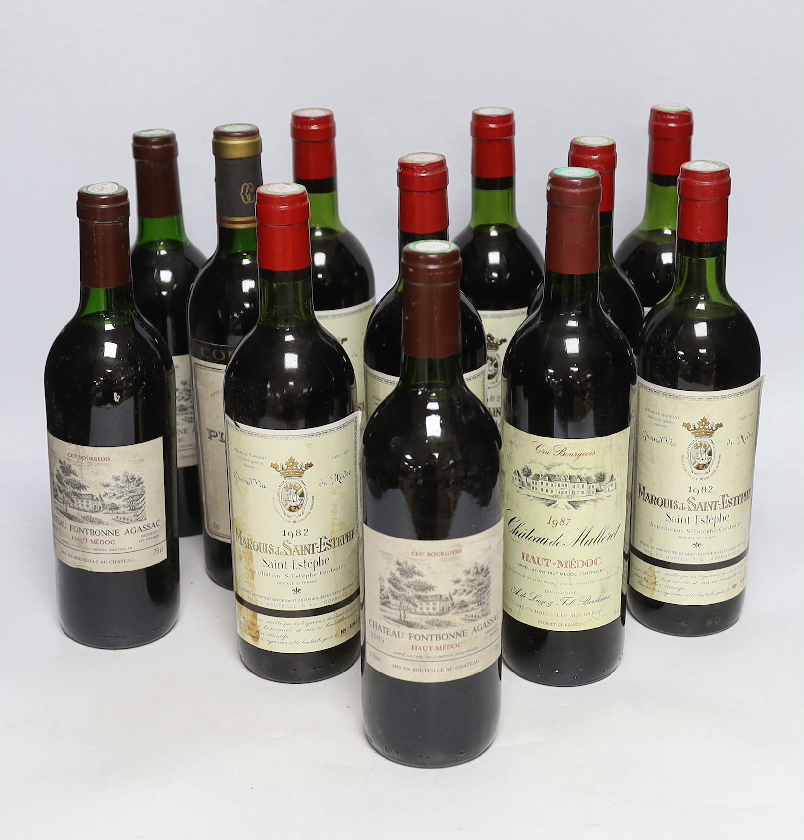 Seven bottles of Saint-Estephe 1982 and three bottles of Haute Medoc 1985 Chateau Fondbonne Agassac and one bottle Medoc 1984 Chateau Plagnac, wine